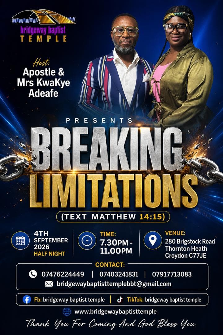 Breaking Limitations event flyer — Friday 4th September 2026, Half Night 7:30PM-11:00PM, at 280 Brigstock Road, Thornton Heath, Croydon CR7 7JE