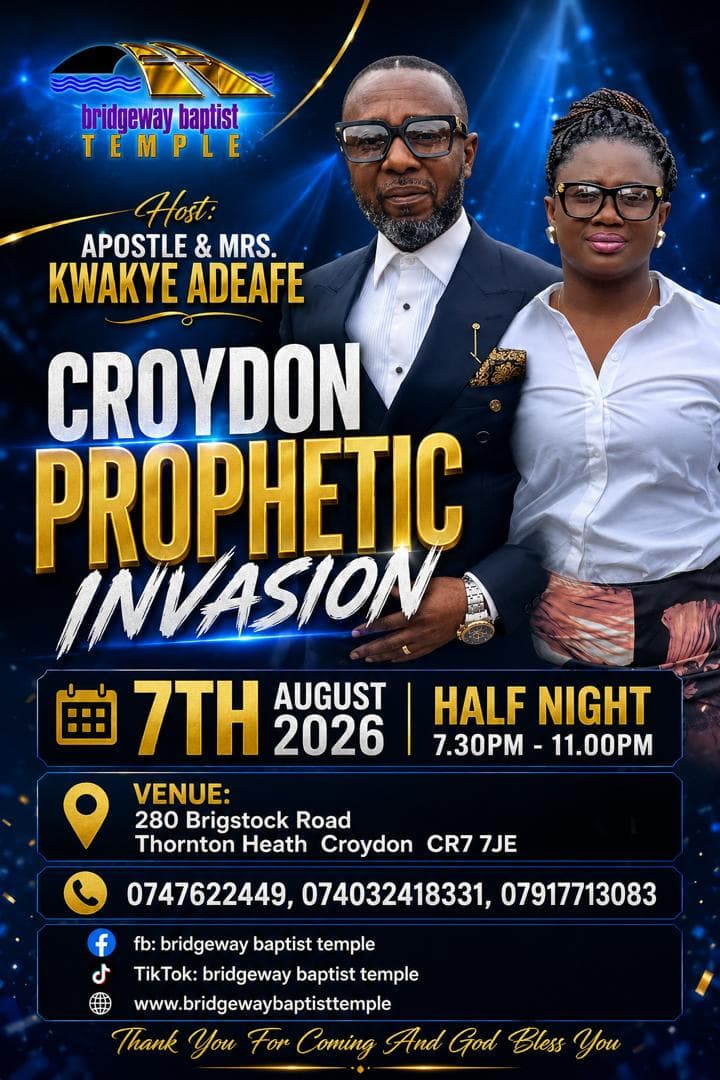 Croydon Prophetic Invasion event flyer — Friday 7th August 2026, Half Night 7:30PM-11:00PM, at 280 Brigstock Road, Thornton Heath, Croydon CR7 7JE